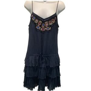 FREE PEOPLE NAVY BLUE SILK BEAD & SEQUIN EMBELLISHED TEIRED SLIPDRESS S